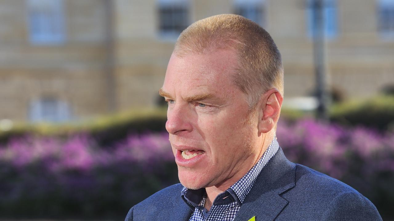 Greens deputy leader Vica Bayley speaks to the media on Parliament Lawns in Hobart on Friday, May 24, 2024.