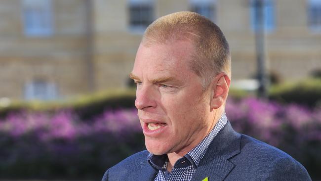 Greens deputy leader Vica Bayley speaks to the media on Parliament Lawns in Hobart on Friday, May 24, 2024.