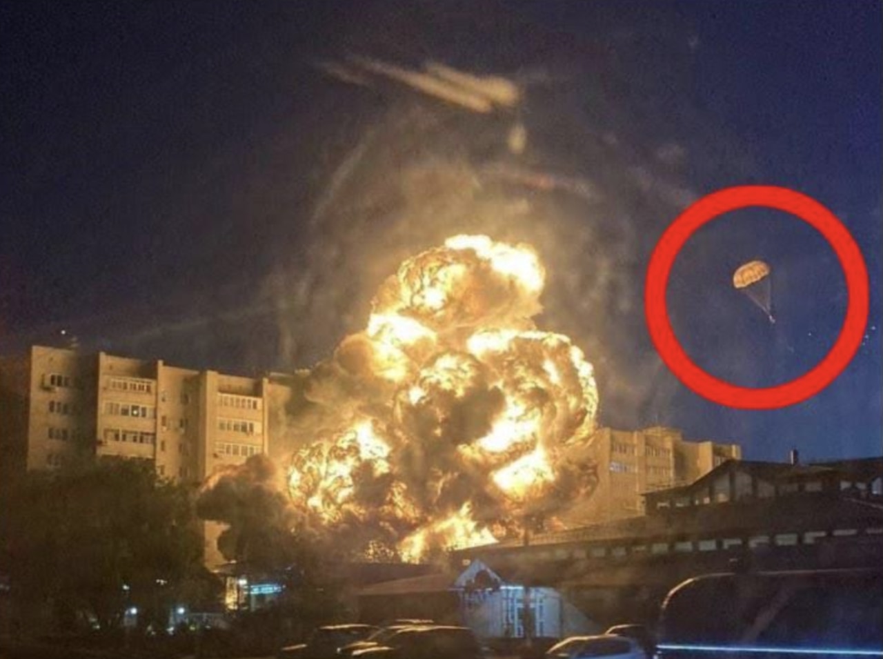 Footage shows the pilot of the Russian fighter jet successfully ejecting before the plane crashed into a residential building. Picture: East 2 West News