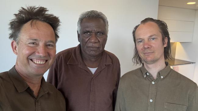 (Left to right) Michael Hohnen, Don Wininba Ganambarr and Erkki Veltheim celebrate the release of the new posthumous Gurrumul album, Banbirrngu: The Orchestral Sessions.