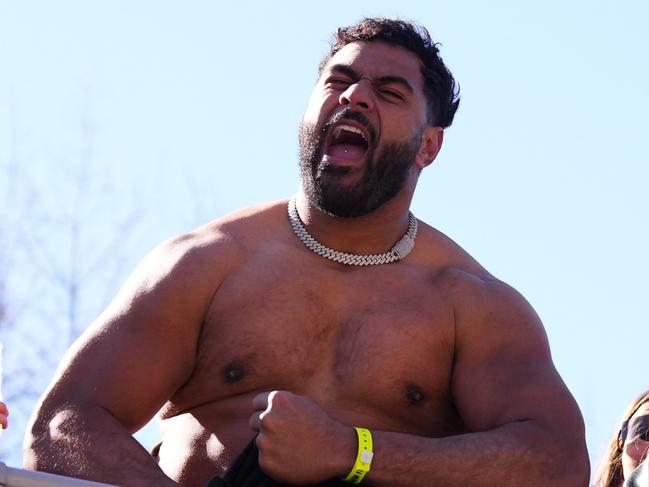 PHILADELPHIA, PENNSYLVANIA - FEBRUARY 14: Jordan Mailata #68 of the Philadelphia Eagles celebrates during the Philadelphia Eagles Super Bowl Championship Parade on February 14, 2025 in Philadelphia, Pennsylvania. (Photo by Mitchell Leff/Getty Images)