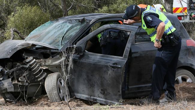 A Major Crash officer at the scene of a fatal crash near Kadina on the Yorke Peninsula during the Easter weekend of 2019. Picture: AAP/Emma Brasier