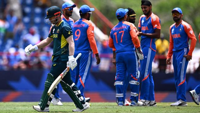 Australia's David Warner walks out after being dismissed during the ICC men's T20 World Cup. Picture: Chandan Khanna / AFP