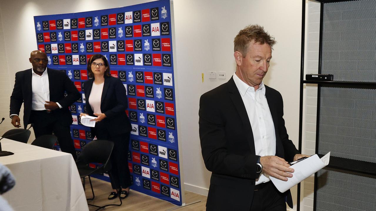 Former North Melbourne coach David Noble leaves his departure press conference on Tuesday. Picture: Alex Coppel