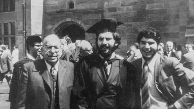 Dr Graham Malouf (centre) with his late father George (left) and his brother Mark Malouf graduating from Sydney University in 1972.