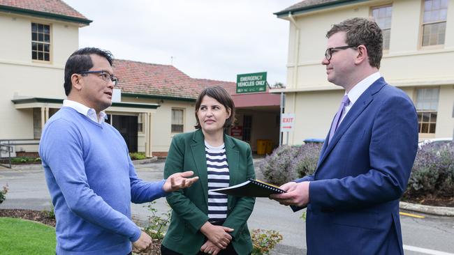 Dr Chris Moy, Lauren Cortis, Lead pharmacist for South Australian voluntary assisted dying pharmacy service and Health Minister Chris Picton at the Repat. Picture: Brenton Edwards