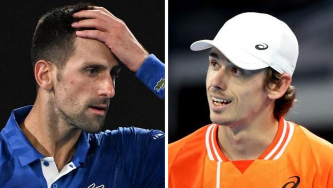 Novak Djokovic and Alex de Minaur. Photos: AFP and Getty Images