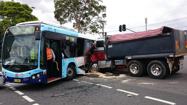 Several people have been injured after a tip truck collided with bus on the corner of Victoria St and Market St in Smithfield. Picture: Melvyn Knipe