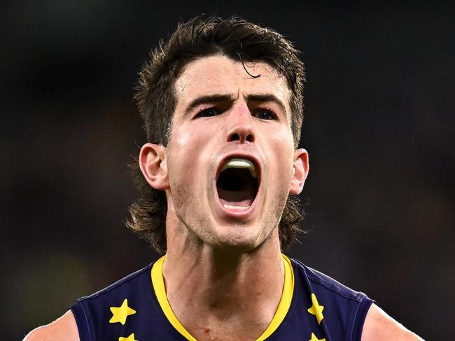 PERTH, AUSTRALIA - MAY 06: Andrew Brayshaw of the Dockers celebrates a goal during the 2023 AFL Round 08 match between the Fremantle Dockers and the Hawthorn Hawks at Optus Stadium on May 6, 2023 in Perth, Australia. (Photo by Daniel Carson/AFL Photos via Getty Images)