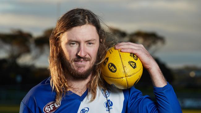 Port Noarlunga footballer Paul Randall returned to Port Noarlunga’s A grade on Saturday, five years after coping an eye injury that almost led to him never playing again. Picture: Matt Loxton