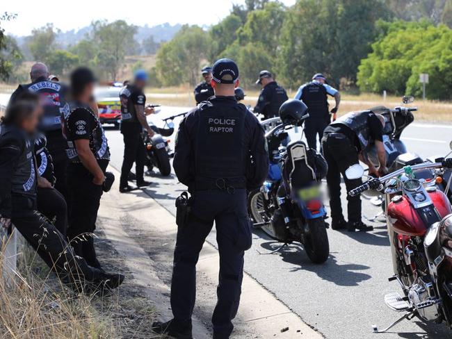 Police stop a number of motorcyclists wearing Rebels vests. Picture: NSW Police