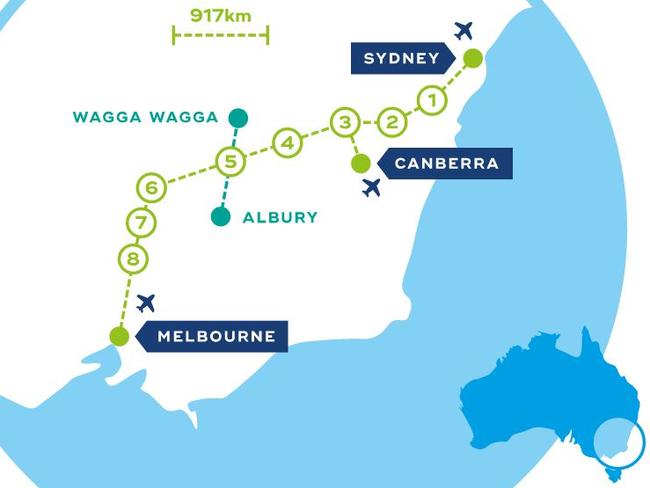 The CLARA plan. High speed rail is proposed to connect Melbourne, Canberra and Sydney via regional hubs.