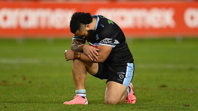 COFFS HARBOUR, AUSTRALIA - JULY 05: Siosifa Talakai of the Sharks looks dejected after his team's defeat during the round 18 NRL match between Cronulla Sharks and Gold Coast Titans at Coffs Harbour International Stadium, on July 05, 2024, in Coffs Harbour, Australia. (Photo by Albert Perez/Getty Images)