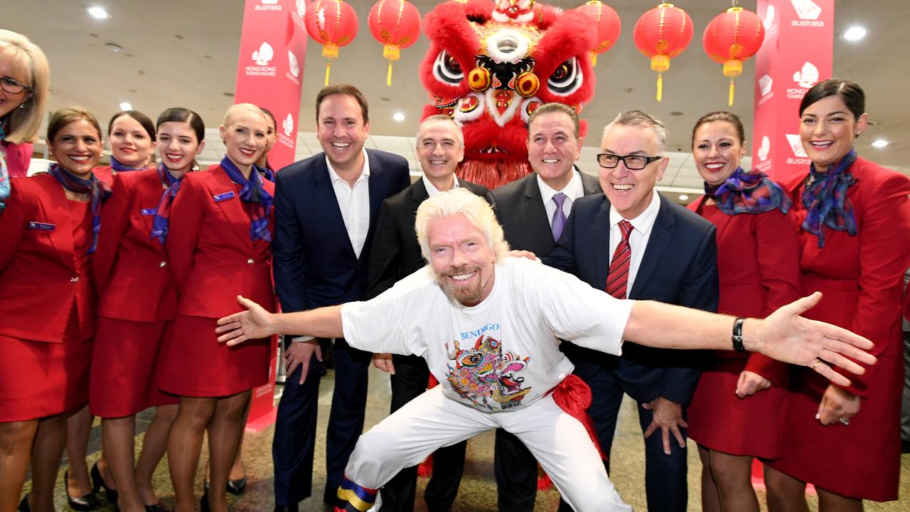 Sir Richard Branson launched Virgin Australia's inaugural Melbourne to Hong Kong flights in July 2017. Picture: AAP Image/Joe Castro.