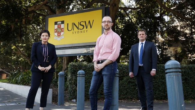 University of Sydney European studies lecturer Dr Robert Boncardo with NSW Opposition Leader Jodi McKay and Shadow Tertiary Education and Innovation spokesman Clayton Barr at UNSW. Picture: Jonathan Ng