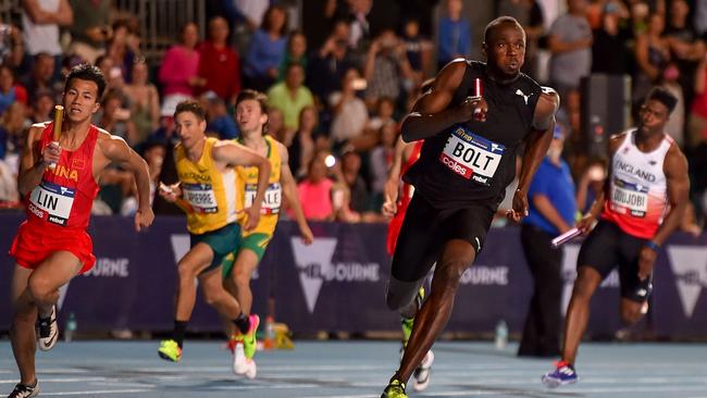 Usain Bolt in action on night two of the Nitro series in Melbourne on Thursday.