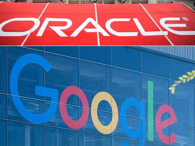 (COMBO) This combination of file pictures created on October 2, 2020 shows the Oracle logo (top) at the Oracle OpenWorld 2011 in San Francisco; and a Google logo at the Googleplex in Menlo Park, California on November 4, 2016. - US Supreme Court justices peppered lawyers for Google and Oracle with questions on computer code and copyright on October 7, 2020 in a court clash which could have major ramifications for the technology sector and digital innovation. (Photos by KIMIHIRO HOSHINO and JOSH EDELSON / AFP)