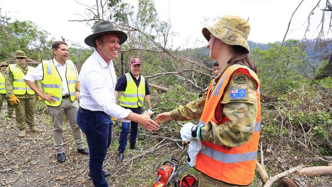 The Premier Steven Miles visits the ADF who have moved in to help in the clean up at Kriedeman Road in Wongawallan after ferocious storms damaged the Gold Coast area. Pics Adam Head