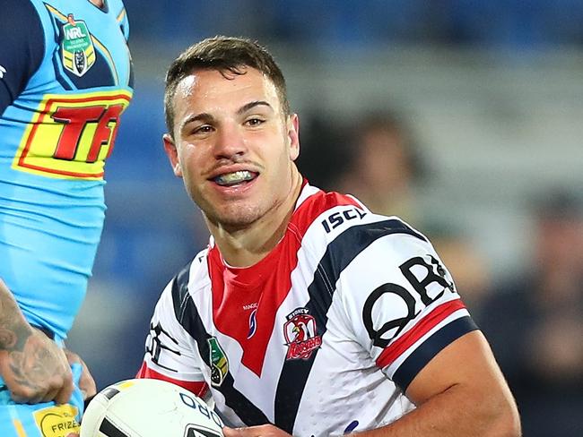 GOLD COAST, AUSTRALIA - JULY 15:  Sean O'Sullivan of the Roosters celebrates a try during the round 18 NRL match between the Gold Coast Titans and the Sydney Roosters at Cbus Super Stadium on July 15, 2018 in Gold Coast, Australia.  (Photo by Chris Hyde/Getty Images)