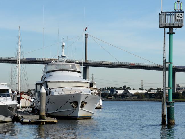 The $800,000, 28 metre yacht moored in Fishermans Bend. Picture: Andrew Henshaw