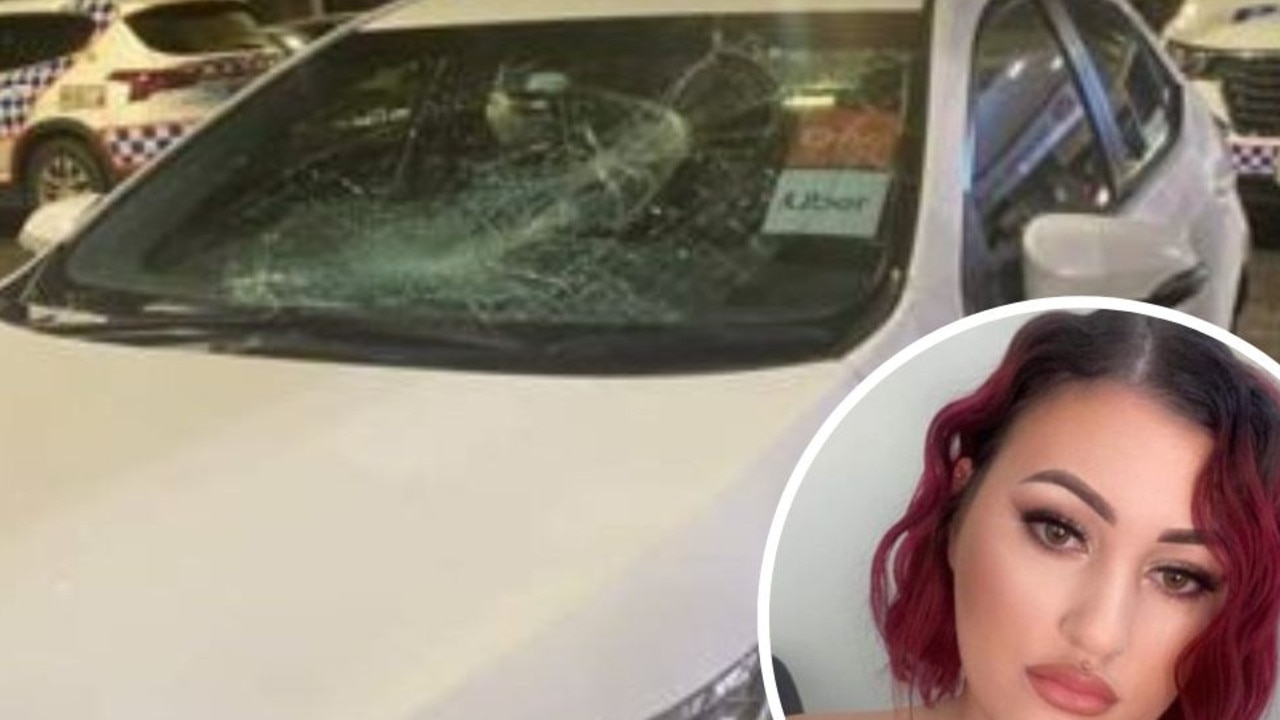 The damaged Uber vehicle and (inset) passenger Molly Hanna.