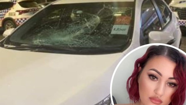 The damaged Uber vehicle and (inset) passenger Molly Hanna.