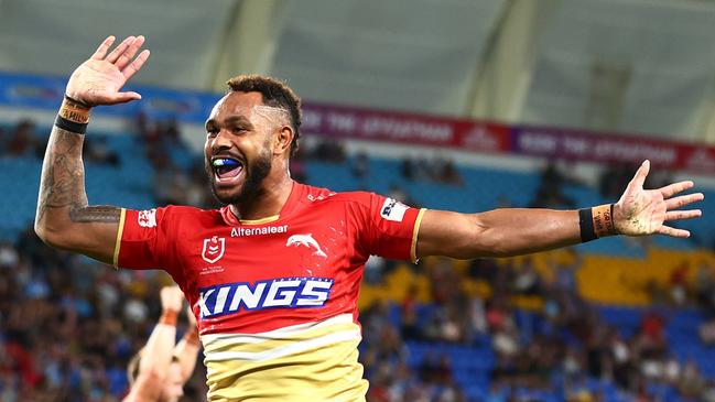 Hammer homecoming? Hamiso Tabuai-Fidow of the Dolphins celebrates a try during the round four NRL match against the Gold Coast Titans at Cbus Super Stadium, on March 30, 2024, in Gold Coast, Australia. (Photo by Chris Hyde/Getty Images)