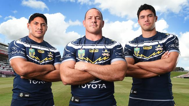 North Queensland Cowboys boast intimidating middle trio (L-R) Jason Taumalolo, Matt Scott and Jordan McLean. Picture: Zak Simmonds