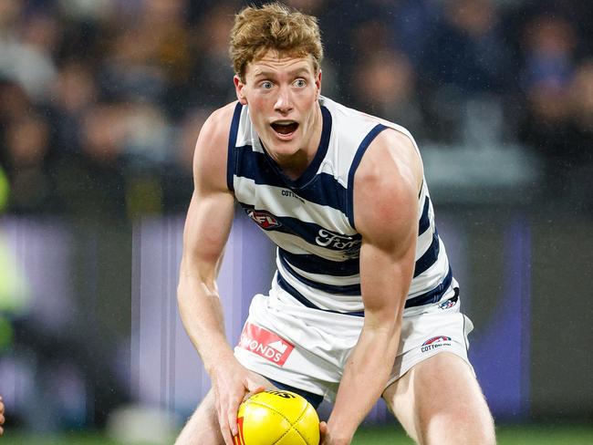 MELBOURNE, AUSTRALIA - JUNE 01: Toby Conway of the Cats in action during the 2024 AFL Round 12 match between the Geelong Cats and the Richmond Tigers at GMHBA Stadium on June 01, 2024 in Melbourne, Australia. (Photo by Dylan Burns/AFL Photos via Getty Images)