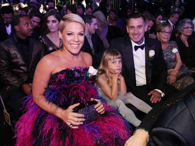 Pink, Willow Sage Hart, Carey Hart and Judith Moore attend the 60th Annual GRAMMY Awards at Madison Square Garden on January 28, 2018 in New York City. Picture: Getty