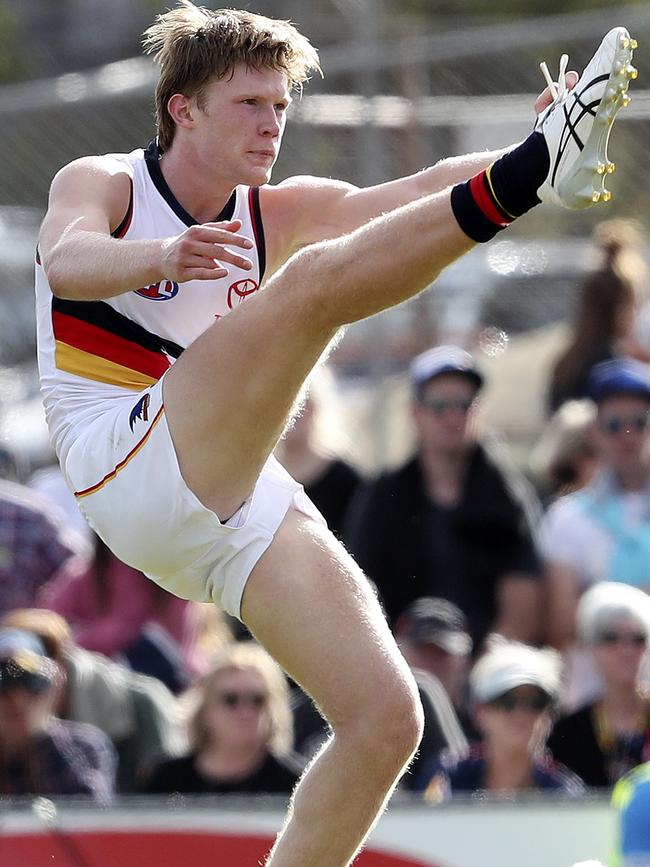 Fischer McAsey kicks his first goal in the AFL. Picture: Sarah Reed