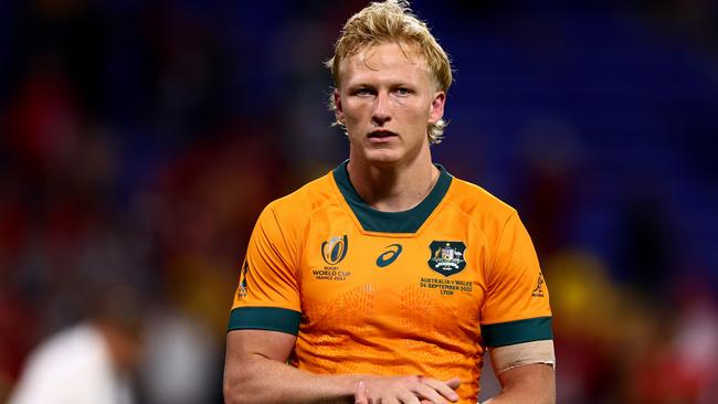 Carter Gordon of Australia applauds the fans at full-time following the Rugby World Cup France 2023 match between Wales and Australia at Parc Olympique on September 24, 2023 in Lyon, France. (Photo by Chris Hyde/Getty Images)