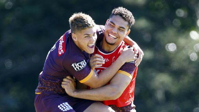 Reece Walsh (left) showed his class in the Broncos’ trial against Wynnum Manly. Picture: NCA NewsWire