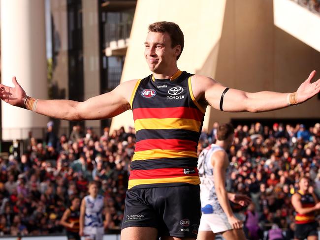 ADELAIDE, AUSTRALIA - JULY 01: Riley Thilthorpe of the Crows celebrates a goal during the 2023 AFL Round 16 match between the Adelaide Crows and the North Melbourne Kangaroos at Adelaide Oval on July 1, 2023 in Adelaide, Australia. (Photo by Sarah Reed/AFL Photos via Getty Images)