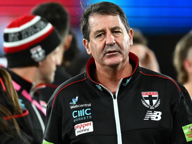 MELBOURNE, AUSTRALIA - JUNE 23: Saints head coach Ross Lyon walks away from talking to his players during the round 14 AFL match between St Kilda Saints and Brisbane Lions at Marvel Stadium, on June 23, 2023, in Melbourne, Australia. (Photo by Quinn Rooney/Getty Images)