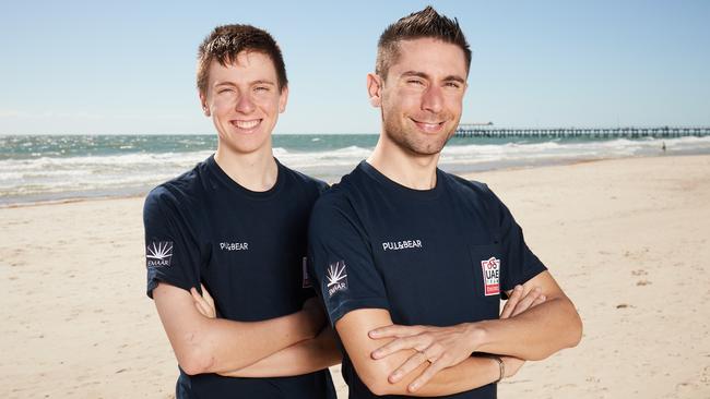 Tadej Pogacar and Diego Ulissi from UAE Team Emirates poses for a picture at Henley Beach, Tuesday, Jan. 8, 2019. Picture: MATT LOXTONaTadej Pogacar and Diego Ulissi from UAE Team Emirates pose for a picture at Henley Beach, Tuesday, Jan. 8, 2019. Picture: MATT LOXTON