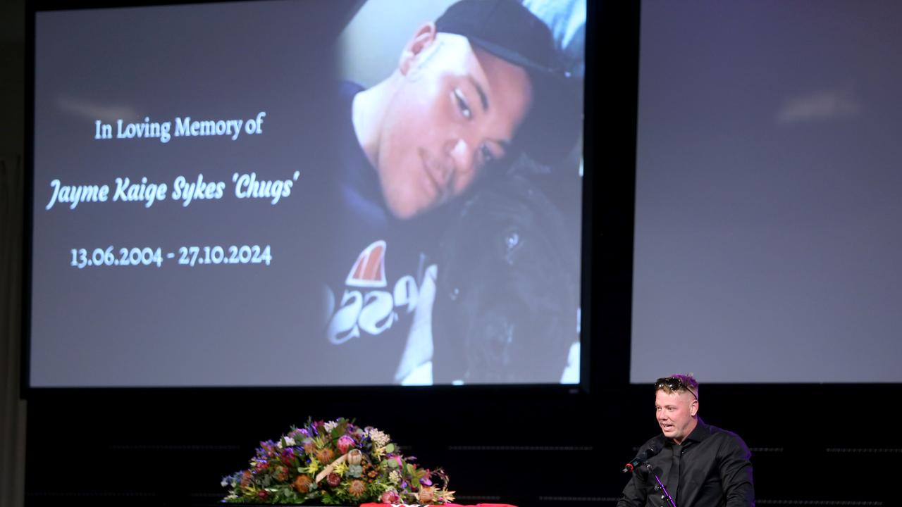 Jayme Sykes’ older brother, Mitch, speaking at the funeral. Picture: Mike Dugdale.