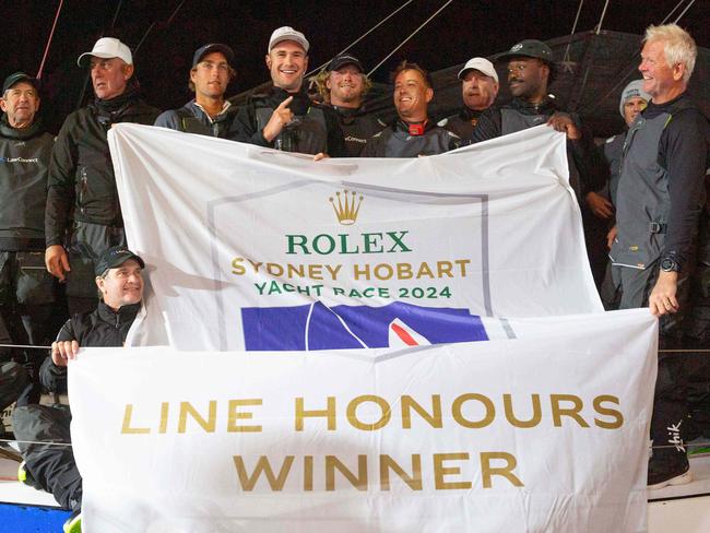 The Sydney to Hobart crew of Law Connect after arriving in Hobart and winning line honours in the early hours of Saturday 28th December 2024.Picture: Linda Higginson