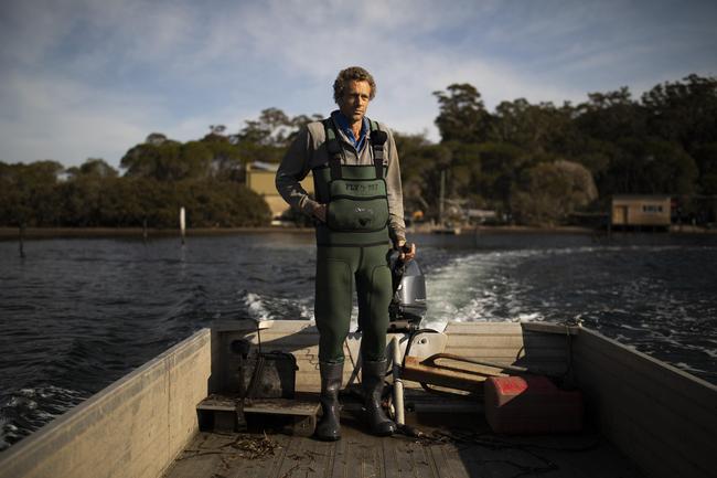 Second generation oyster farmer Dom Boyton on Merimbula Lake, NSW, sets out to check his oyster pots. Picture by Sean Davey.