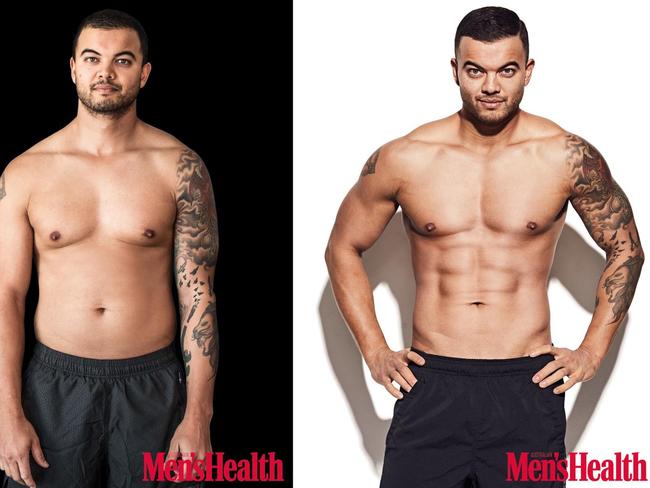 Guy Sebastian — his before-and-after pictures, showing his weight loss and healthier body. Picture: Jason Ierace for Men’s Health