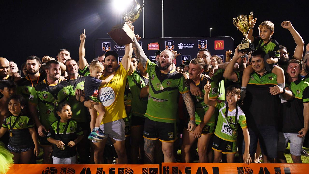 Palmerston Raiders players and fans celebrate winning the NRLNT 2022 grand final. Picture: (A)manda Parkinson