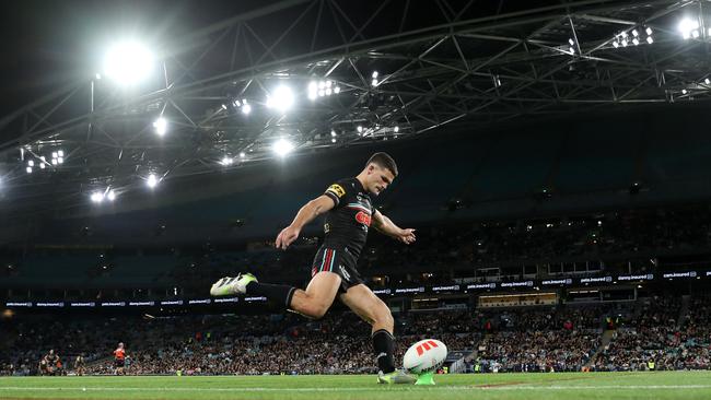 SYDNEY, AUSTRALIA - SEPTEMBER 22:  Nathan Cleary of the Panthers kicks a conversion during the NRL Preliminary Final match between the Penrith Panthers and Melbourne Storm at Accor Stadium on September 22, 2023 in Sydney, Australia. (Photo by Brendon Thorne/Getty Images)