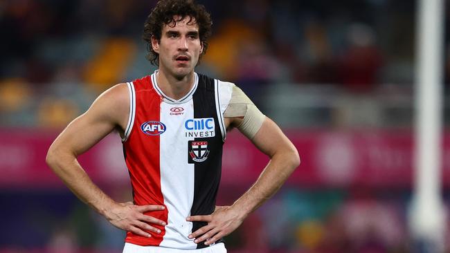 BRISBANE, AUSTRALIA - JUNE 14: Max King of the Saints looks on after the round 14 AFL match between Brisbane Lions and St Kilda Saints at The Gabba, on June 14, 2024, in Brisbane, Australia. (Photo by Chris Hyde/AFL Photos/via Getty Images)