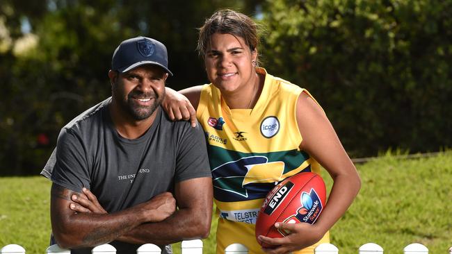 Lakeesha Pickett with father and Port Adelaide legend Byron Pickett. Picture: Naomi Jellicoe