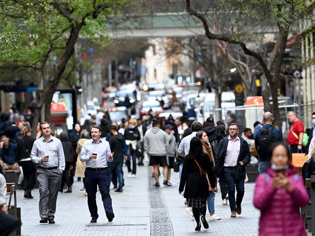 SYDNEY, AUSTRALIA - NewsWire Photos AUGUST 15, 2022:Sydney-siders walk through the cityÃs CBD. Australia will return to 25-basis point interest-rate increases, veteran economist Saul Eslake says, rejecting a consensus that maintains further outsized moves are needed to slow inflation.Picture: NCA NewsWire / Jeremy Piper