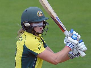 Supplied image of Ellyse Perry of Australia plays a shot during the ICC Women's World Cup 2017 match between Australia and England at The County Ground in Bristol, England, Wednesday, July 12, 2017. (AAP Image/International Cricket Council) NO ARCHIVING, EDITORIAL USE ONLY