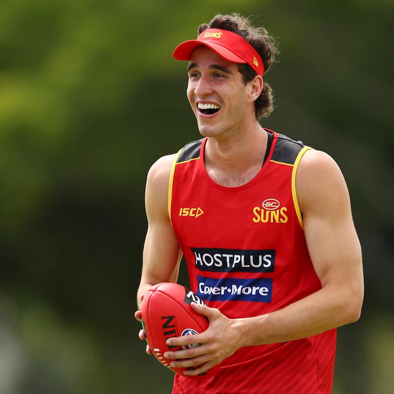 Ben King handballs during a Gold Coast Suns AFL media and training session at Metricon Stadium on November 04, 2019 in Gold Coast, Australia. (Photo by Chris Hyde/Getty Images)
