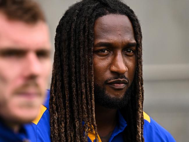 PERTH, AUSTRALIA - APRIL 02: Nic Naitanui of the Eagles looks on during the 2023 AFL Round 03 match between the Fremantle Dockers and the West Coast Eagles at Optus Stadium on April 2, 2023 in Perth, Australia. (Photo by Daniel Carson/AFL Photos via Getty Images)