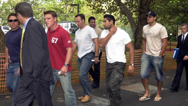 Bulldogs players arriving at Sydney Police Centre in Surry Hills after the accusations.