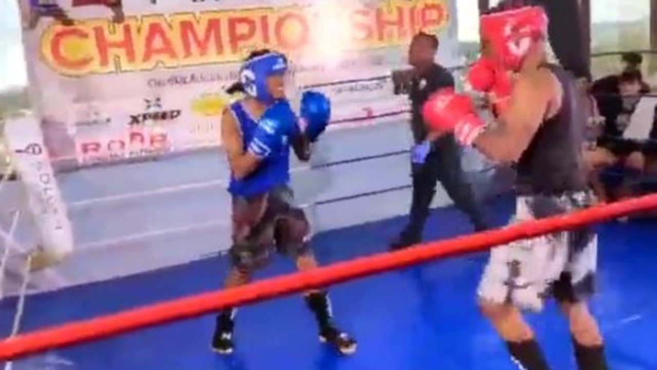 Nikhil Suresh (wearing blue) was contesting a kickboxing bout in India. Photo: Twitter